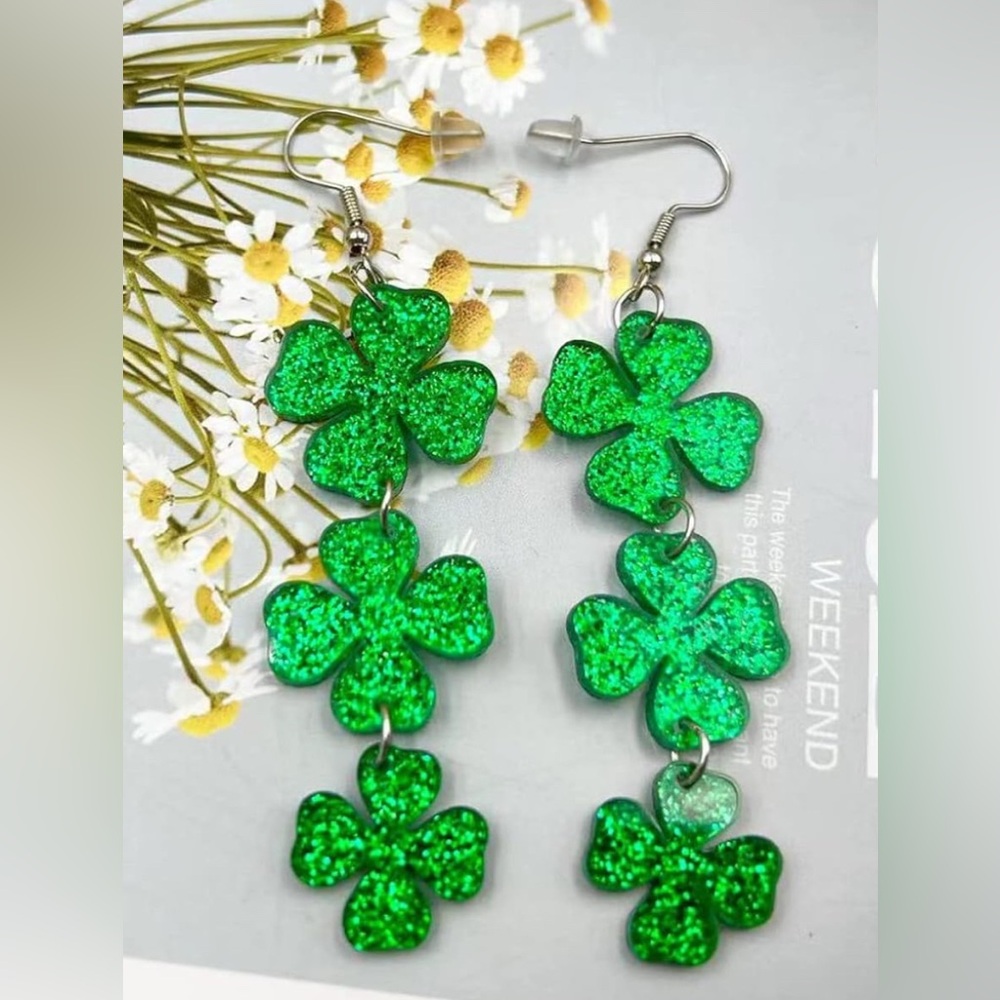 Shamrock Green Dangle Earrings - Picture 3 of 3